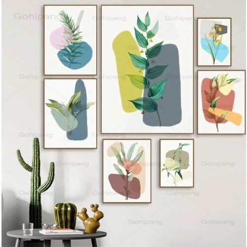 Canvas Painting Abstract Green Plant Leaf Flower Wall Art Posters And Prints Nordic Geometry Wall Pictures For Living Room Decor