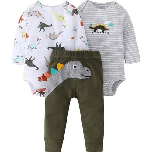 2020 Baby Boy Clothes Sets 3PCS Bodysuits+Pants Cotton Print Autumn Long Sleeve Cartoon Boys Baby Clothing Sets Winter O-Neck