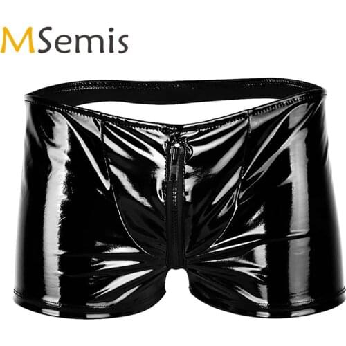 Men Shiny Metallic Latex Lingerie Erotic Open Butt Zipper Penis Pouch Sissy Panties Homme Wetlook Leather Boxer Briefs Underwear