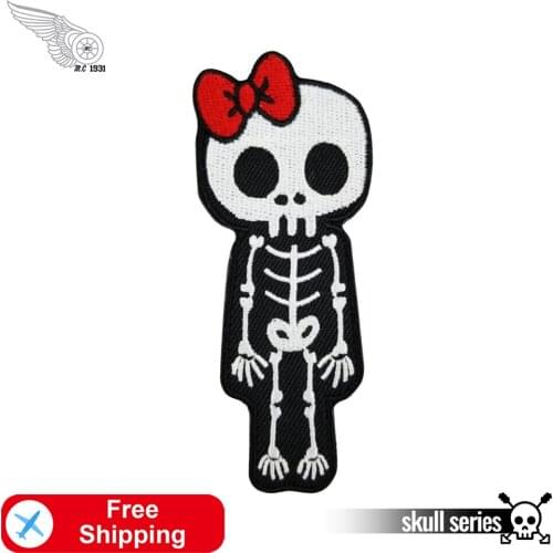 Red Bow Skull Embroidery Patches Motorcycle Iron on Patch for Clothing Lady Rider DIY Stickers Cute Accessories Kids Appliqued