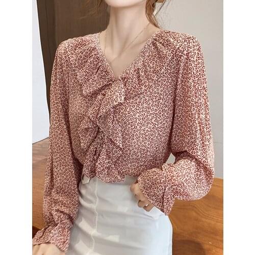 Autumn Ruffles V-Neck Chiffon Blouse Shirt Top Blouse Women Blusas Mujer De Moda 2021 Tops Women Long Sleeve Women Blouses D584