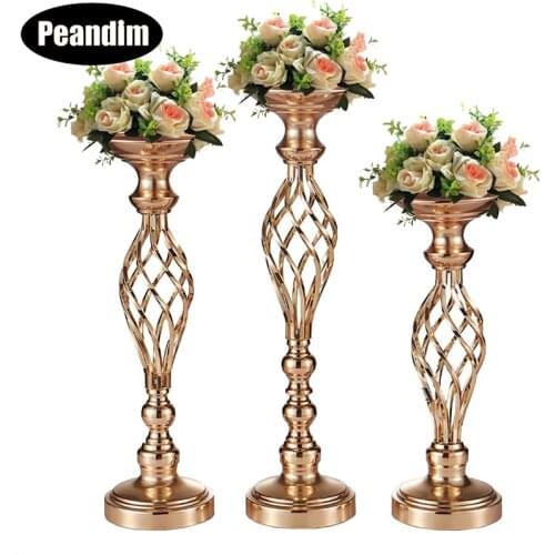 PEANDIM Hollow Gold Metal Candle Holders Home Table Centerpiece Stand Decor Wedding Candelabra Road Lead Flowers Vase 10PCS/LOT
