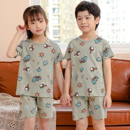 Lovely 2-12 Y Boys Girls Summer Pajamas Sets Children Print Nightwear Rooter Kids Cool Poplin Pijamas Infantil Roupas Infantis