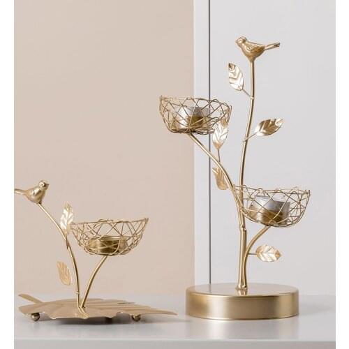 Nordic Wrought Iron Bird And Leaves Candle Holders Romantic Dinner Gold Home Decoration Candle Holder Candlestick Wedding Gifts