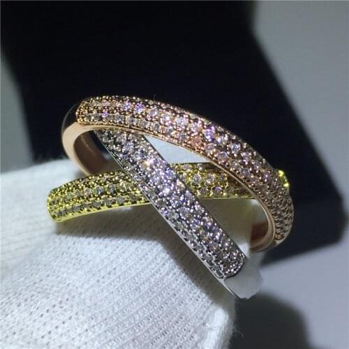 Luxury Jewelry 925 Silver Triple Circles Gold/Rose Gold/Silver Ring Three Colors Pave CZ Ring Women Wedding Finger Rings Gift