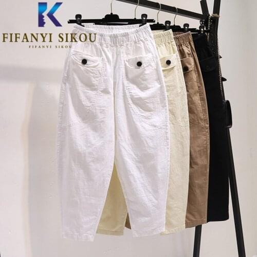 Cotton Linen Harem Pants Women 2021 Summer Casual Joggers Fashion Pocket High Waist Bloomers Female Loose Elastic Waist Trousers