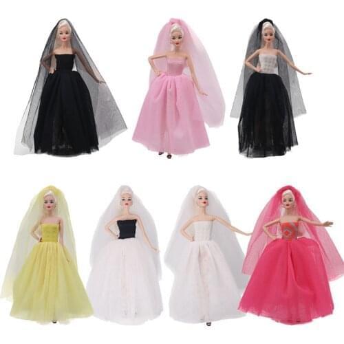 Wedding Dress Veil Set Princess Evening Party Ball Long Gown Skirt Bridal Veil Clothes For Barbies Doll Accessories xMas DIY Toy