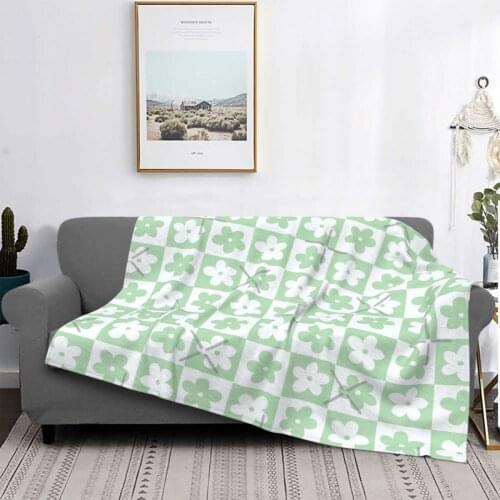 Light Pastel Green And White Checkered Squares With Flowers Blanket Bedspread Plaid