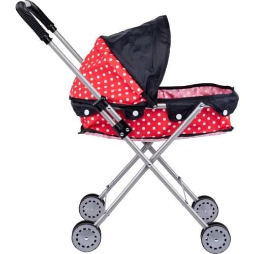 Foldable Dotted Baby Doll Stroller Trolley w/ Basket, Hood for Toddlers Gift