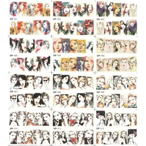 UPRETTEGO 12 PACK/ LOT WATER DECAL NAIL ART STICKER SLIDER FULL COVER FASHION GIRL LADY PORTRAIT WATER COLOR PAINTING UP01-12