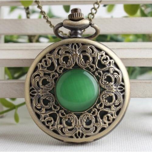 Vintage Bronze imitation Emerald gem pocket watch Hollow Men Women Quartz Pocket Watch Necklace Pendant gift watches P0088