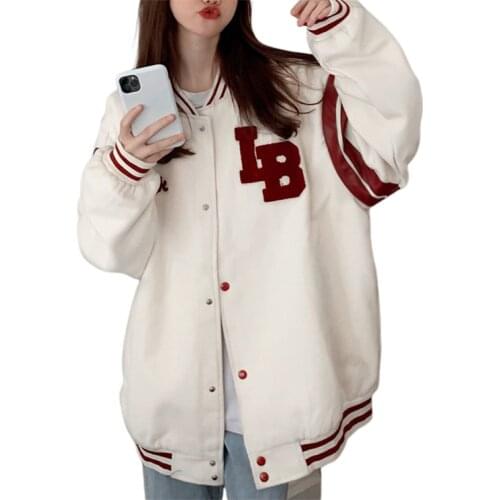 2021 Women Autumn Oversized Baseball Jackets, Female Bright Color Striped Loose Biker Long Sleeve Letter Embroidery Hip Hop Coat