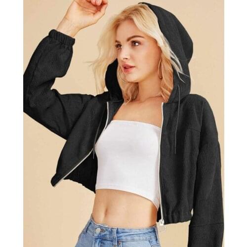 Women Casual Solid Jackets Corduroy Zip-up Pocket Jackets Shirt Hooded Sweatshirt Cropped Jacket Chaqueta Mujer #G3