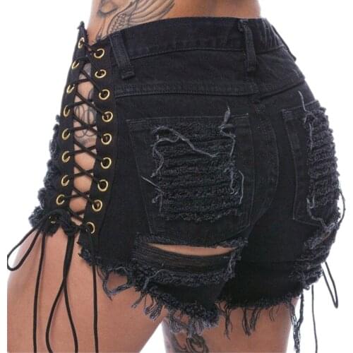 Women Tassel Short Jeans Woman Punk Style Lace Up black denim shorts sexy hole ripped shorts Street Style Jeans Lady