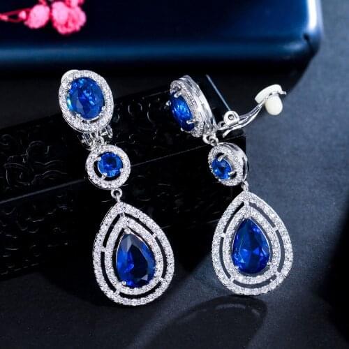BeaQueen Dark Blue Red Cubic Zircon Long Water Drop Statement Clip On Earrings without Piercing for Women Ear Clips Jewelry E286