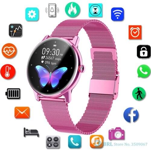 Women Smart Watch Electronics Sport Wrist Watch Fitness Tracker Heart Rate Monitor Full Touch Round Smartwatch for Android IOS
