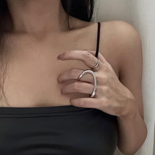 Punk Two-Finger Irregular Geometric Ring New Design Geometric Smooth Rings Silver Color Hip Hop Open Ring Women Jewelry Gift