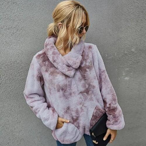 Winter Casual Warm Tie Dye Oversized Fluffy Hoodie Sweatshirt Women 2020 Plus Size Women Faux Fur Pullover With Pockets CL648