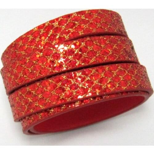 10mm Red glitter leather 10x2mm Flat Leather cord Gold lace Christmas style