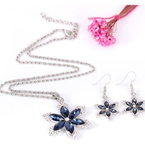 3pcs/set Romantic Blue Crystal Colorful Flower Necklace Set Bride Sets For Women Wedding Big Earring Jewelry