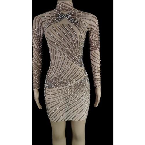 Shining Pearl Rhinestones Short Bodycon Dress Women Birthday Celebrate Party Dress Evening Prom Outfit Sexy Transparent Dress
