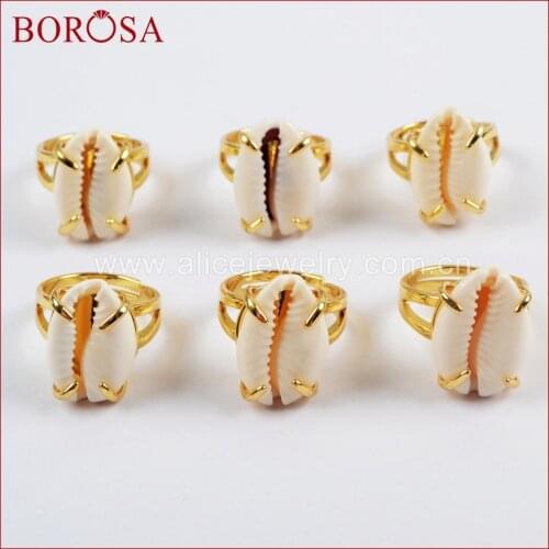 BOROSA Design 10PCS Fashion Adjustable Gold Color Claw Cowrie Shell Ring Gems Natural Color Shell Druzy Women Jewelry ZG0318