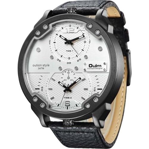 Oulm Oversize Watch Men PU Leather Quartz Clock Mens Military Sports Watches Double Time Zone Mens Watch relogio masculino