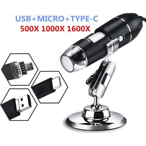 1600X 1000X 500X 3 in 1 MICRO/TYPE-C/USB Digital Microscope Camera Video 8 LED Magnifier with Metal Stand