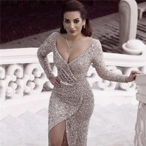 Dubai Luxury Silver Sequine Diamond Evening Dresses 2020 Long Sleeves Sparkle Sexy Evening Gowns Serene Hill DLA60856