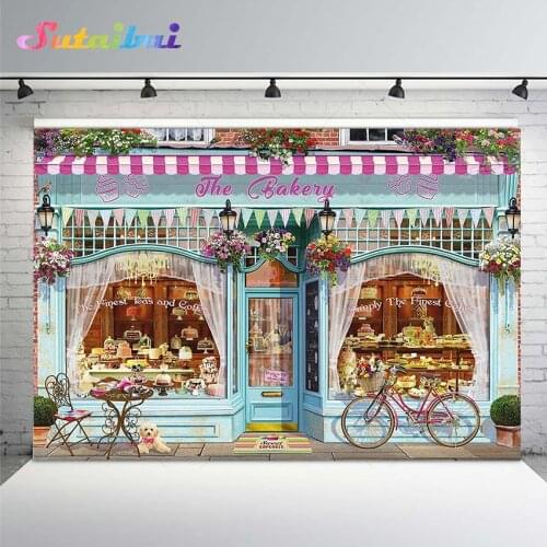 Vintage The Bakery Store Backdrop Photography Food Shop Flowers Window Glass Door Bicycle Photo Background Decorations Studio