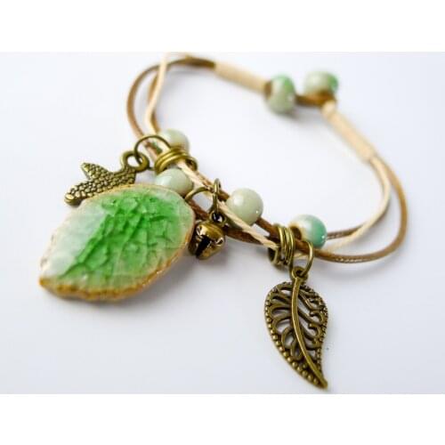 Ceramic Leaf pendant beads Bracelet Hand-made Bohemian Charm Bracelet For Women Gift Strand bracelets #EY405