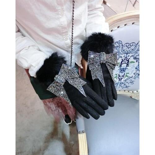 Korean Version of Womens Rabbit Fur Rhinestones Full of Rhinestones Glittering Bow Winter Thickening Finger Warm Gloves