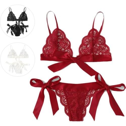 Red Women Underwear Plus Size Ladies Sexy Lace Halter Backless Bra Thong Sleepwear A-C Cup Lingerie Set Bralette Push Up Bustier