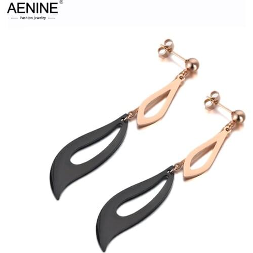 AENINE Trendy Bohemia Titanium Stainless Steel Geometric Tassel Drop Earrings For Women Black/Rose Gold Dangle Earrings AE19200