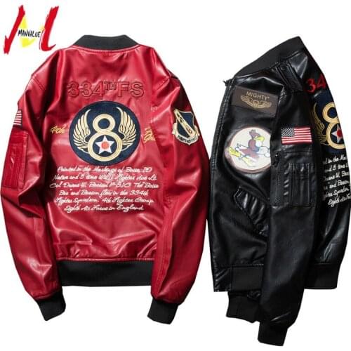 MANVALUE Mens Spring and Autumn Badge Embroidery Air Force Pilot Suits Male PU Leather Locomotive Coats Tide Jackets