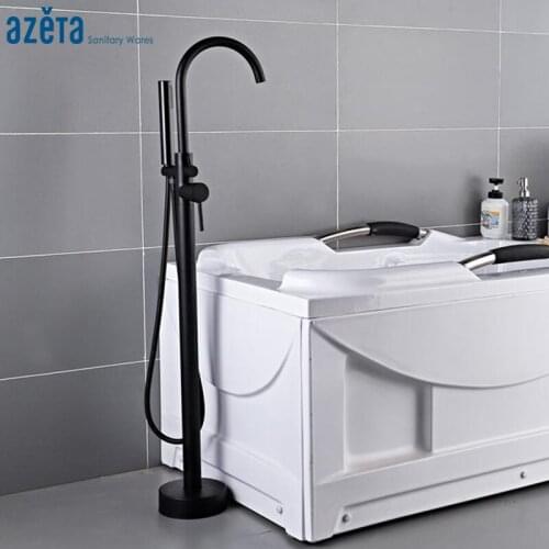 Azeta Black Bathroom Floor Stand Bathtub Faucet Tap With 360 Rotate Hand Shower Single Handle Bathtub Shower Faucet Set MK6611B