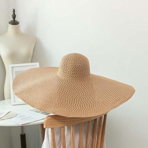 Oversized Paper Straw Hat Women Summer Hat Handmade Packable Big Wide Brim 25CM Leisure Beach Hat For Ladies Wedding Sun Cap
