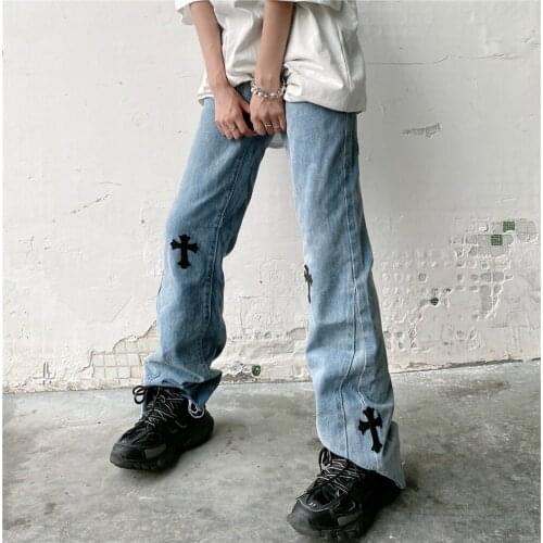 New Summer Fashion High Street Womens Jeans Goth Hip-hop Cross-coated Denim Trousers Men Y2k Casual Denim Boot Cut Pants Unisex