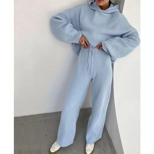 Casual Stripe Womens Suit Home Two Piece Blue Knitting Suit Autumn Winter Indoor Warm Suit Hooded Long Sleeve Loose Home Set