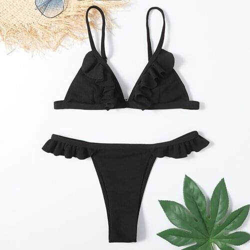 Sexy Swimsuit Women Bikini 2021 Micro Set Push Up Swimwear Solid Color Beachwear Bathing Suit Brazilian Two Piece Ruffle Tankini
