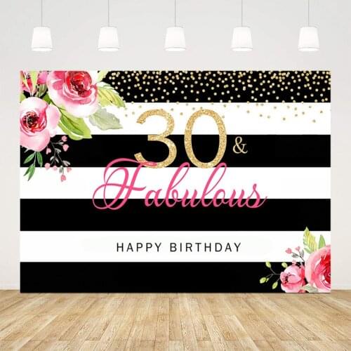Happy birthday fabulous party decoration black and white stripe background for photo studio dessert table flower show banner