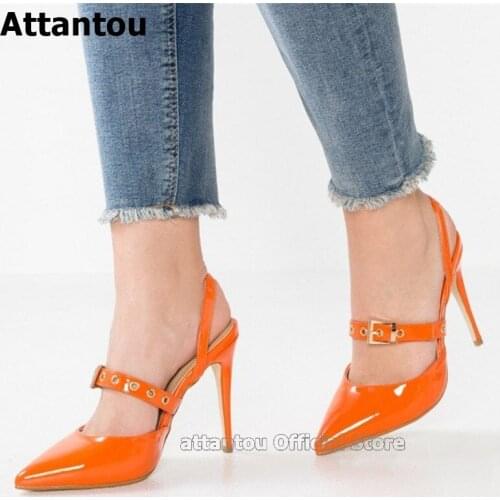 Bright Orange Patent Leather Mary Jane Pumps Pointed Toe Stiletto Heeled Slingback Pumps Women High Heel Dress Shoes Woman Heels