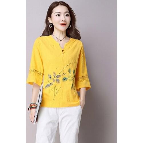 Spring Summer T Shirts 2021 New Arrival Chinese Style T Shirt Cotton Linen Print Floral Print Floral Casual T-shirt Tees Shirts