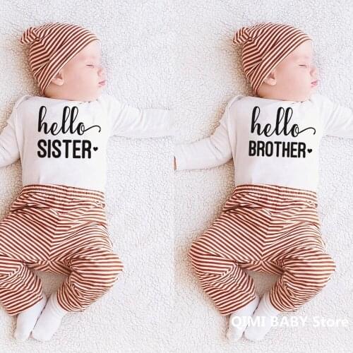 Hello Brother Sister Newborn Baby Bodysuits Cotton Long Sleeve Baby Boy Girls Onesies Romper Baby Announcement Bodysuit Clothes