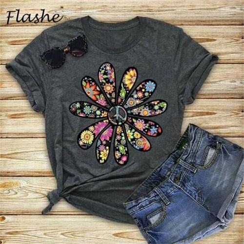 Womens Cartoon Cute T-shirt Multi Color Chrysanthemum Petal Printing Round Neck T-shirt Womens Simple Top Womens T-shirt
