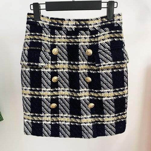 Free Shipping 2021 Designer Fashion Skirts Women Winter Double Breasted Metal Buttons Plaid Woolen Mini Skirt High Quality
