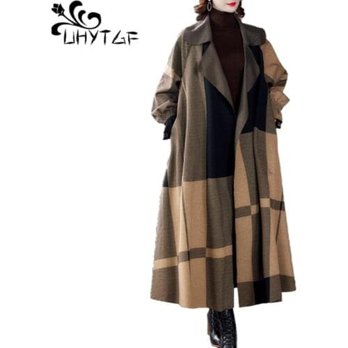UHYTGF Windbreaker Womens 2021 Cardigan Plaid Long Overcoat Casual Spring Autumn Trench Coat Korean Loose Plus Size Outwear 2179