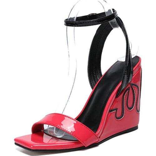 Sandals Wedges Women Summer Shoes 2019 New Red Black Open Toe Ladies Shoes Genuine Leather Shoes Ankle Strap Pumps Plus Size 43