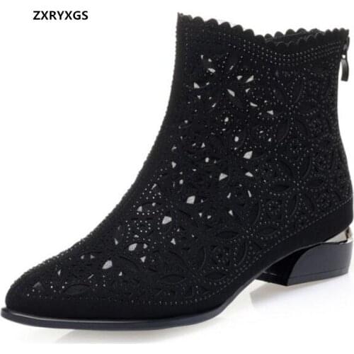 2021 New Spring Women Fashion Boots Cow Suede Rhinestone Mesh Breathable Sandals Beautiful Elegance Black Shoes Woman Boots