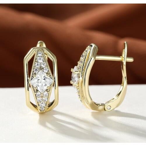 1 Pair Rhombus Zircon Earrings for Women Unique Design Geometric Hollow Gold Ear Buckle Personality Stud Earrings Jewelry Gift